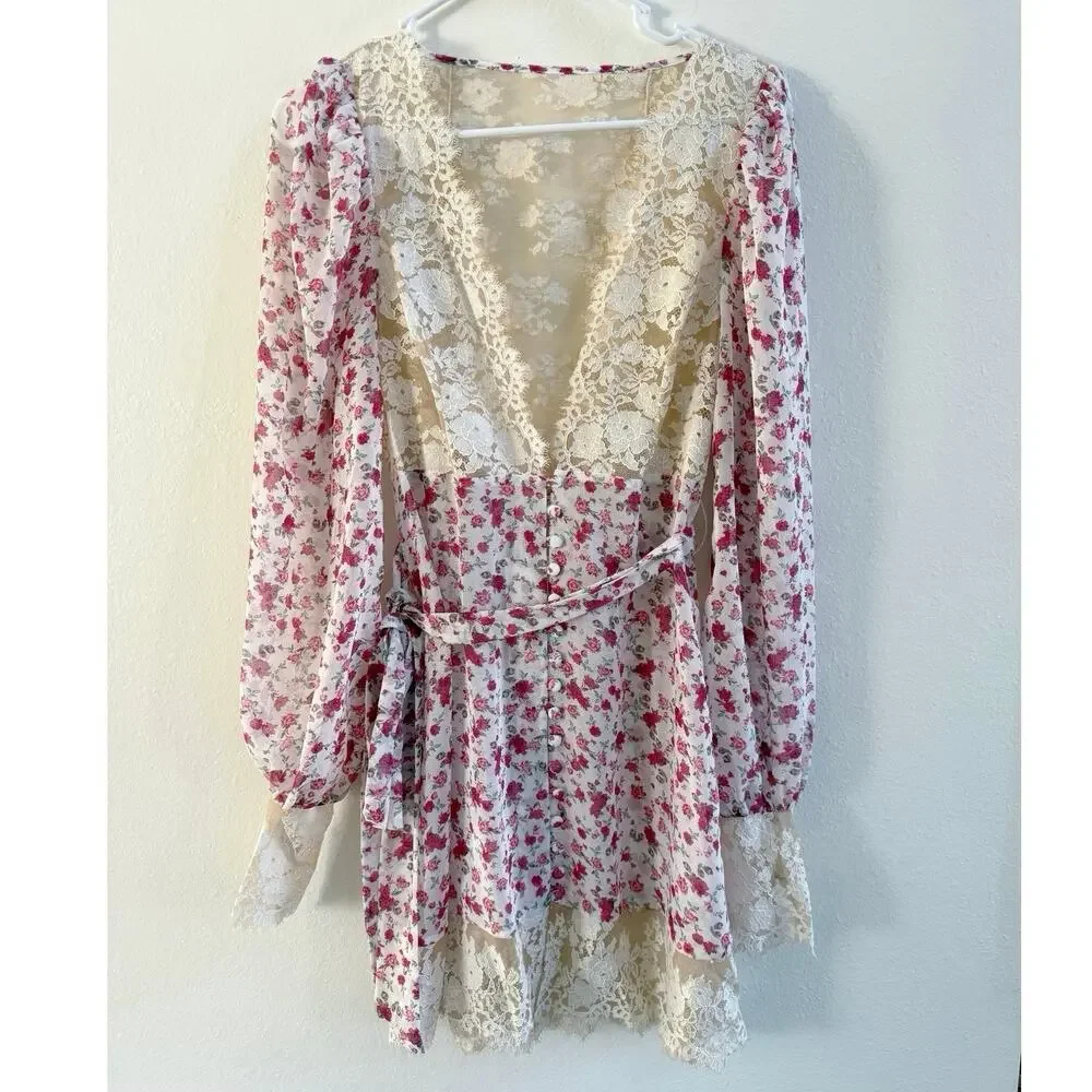 For Love & Lemons NWT Victoria’s Secret Pink Lace Floral Melrose Mini Robe XS